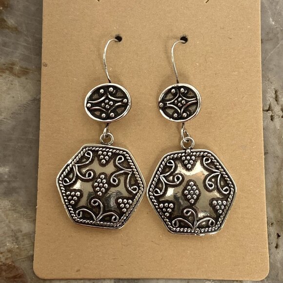 VTG Sterling Silver 925 Etruscan Moroccan Style Hexagonal Drop Dangle Earrings - Picture 11 of 16